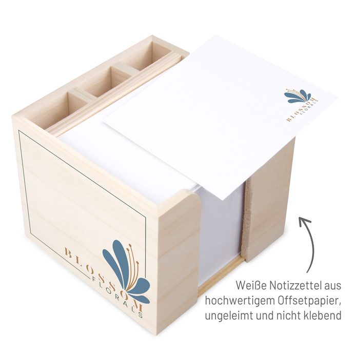 Zettelbox aus echtem Holz mit Stifteköcher 10 x 10 x 8,5 cm Siebdruck