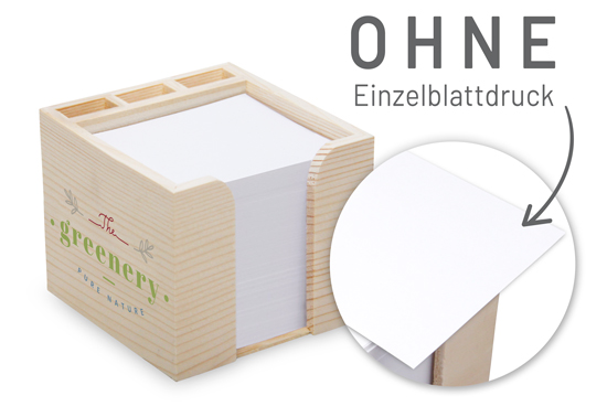 Zettelbox aus echtem Holz mit Stifteköcher 10 x 10 x 8,5 cm Siebdruck