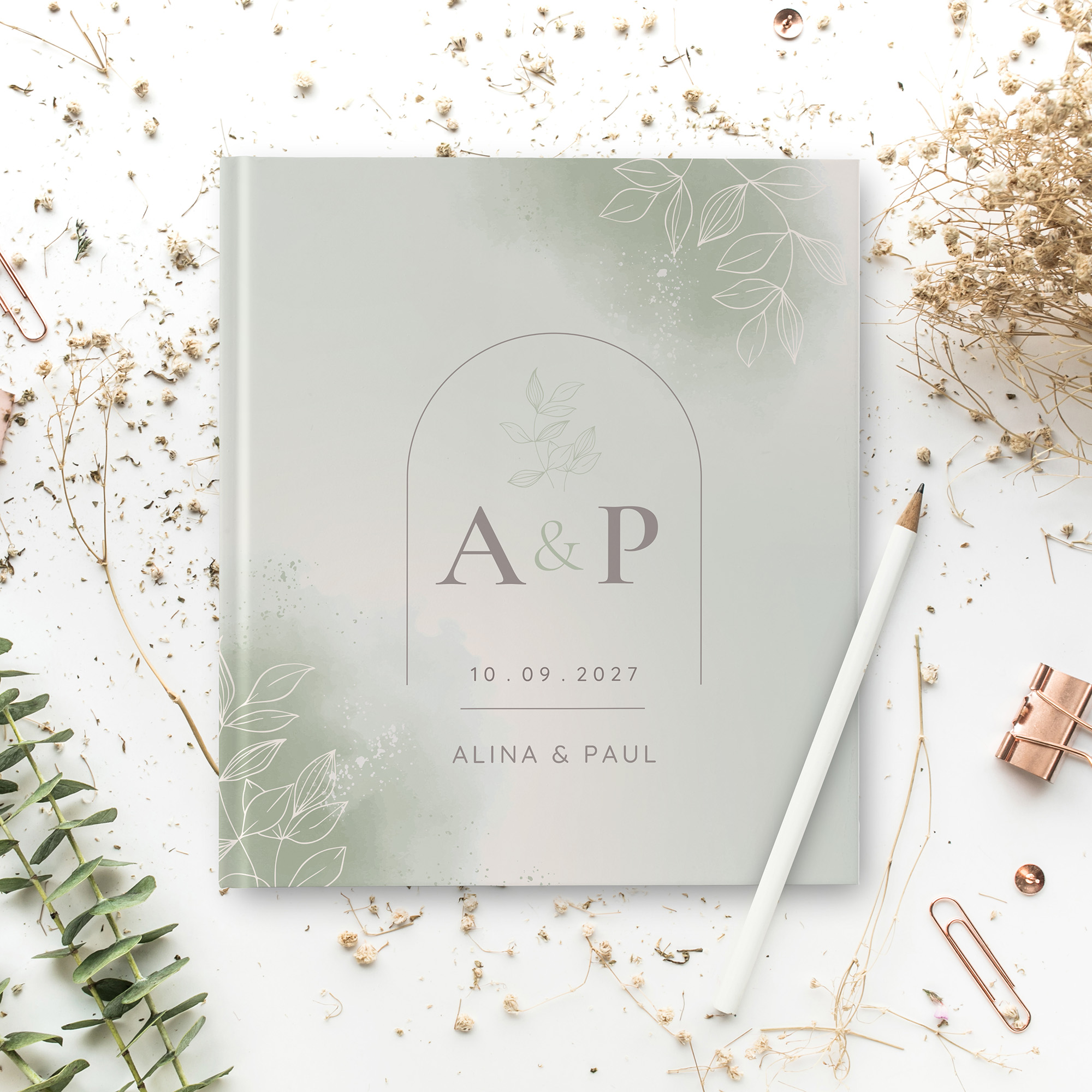 Erinnerungsbuch Hochzeit - Aquarell "faded green"