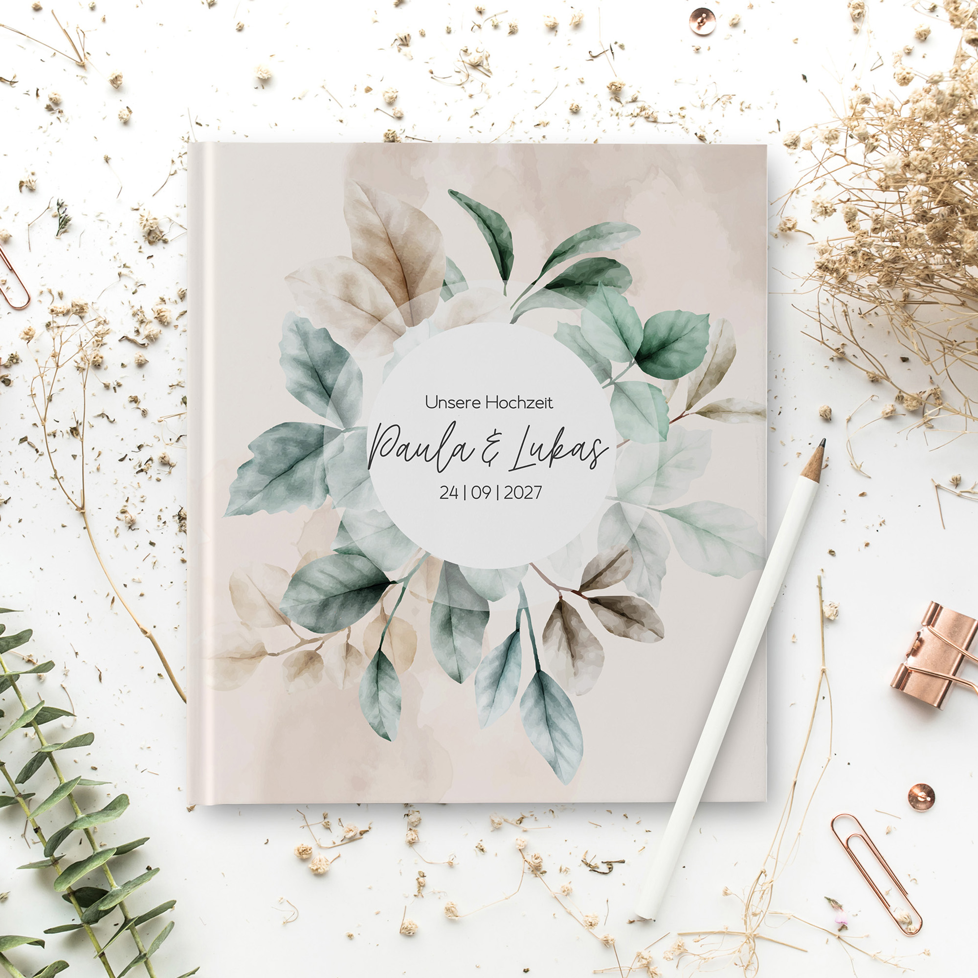 Erinnerungsbuch Hochzeit - Aquarell "leaf & taupe"